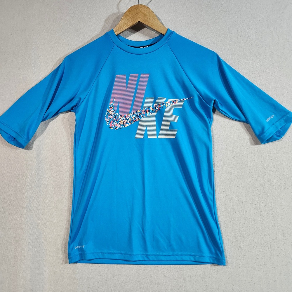 Nike Swim UPF 50+ Dri-FIT Rash Guard Top Kids 12-13 Years Blue Turquoise‎